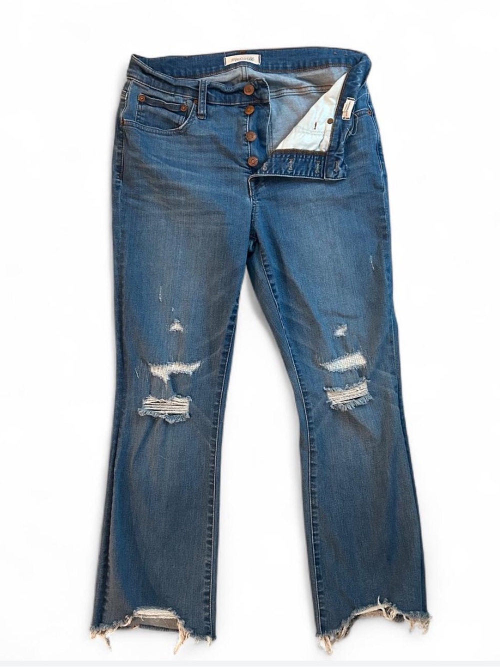 Madewell Cali Boot Cut Denim Distressed Blue Jeans with Frayed Hem Size 29